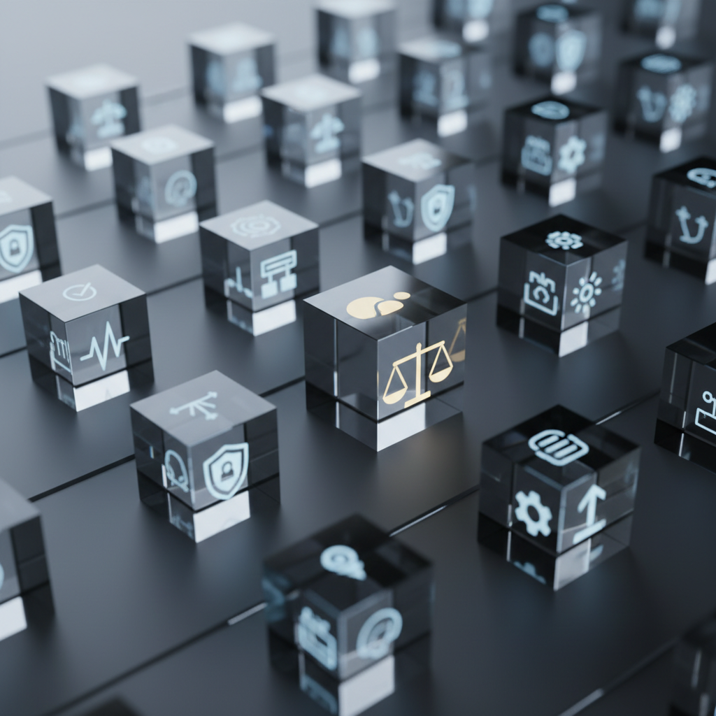 An orderly network of transparent glass cubes, each containing a softly glowing abstract icon representing data, regulation, security, and fairness, arranged on a matte charcoal surface like a structured cityscape. Narrow corridors between cubes form precise grid lines. Overhead, a cool, diffused studio light creates crisp, controlled shadows and subtle reflections on the glass edges, emphasizing clarity and structure. Photographic realism with a slightly elevated angle, using the rule of thirds to highlight a central cube marked with a balanced scale symbol. The atmosphere is calm, analytical, and professional, suggesting methodical AI governance frameworks and the careful balancing of competing values within a clean, modern environment.