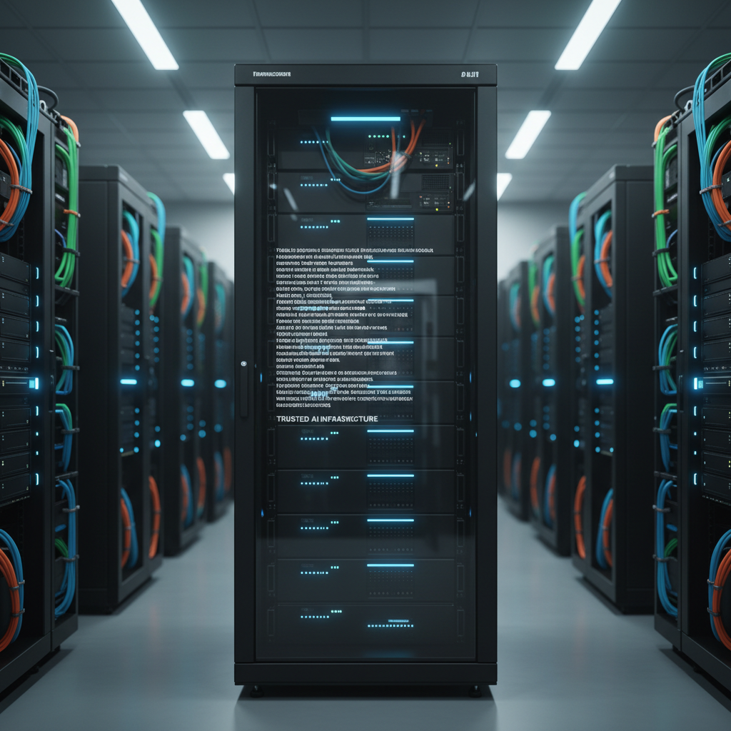 A sleek, matte-black server rack with subtle blue and white status lights, enclosed behind a transparent safety panel etched with faint legal text and policy clauses, in a highly organized data center. Rows of identical racks stretch into the softly blurred background, their cabling neatly routed in color-coded channels. Cool overhead LED lighting casts even, controlled illumination, creating micro-reflections along metal edges without harsh glare. Shot in photographic realism from a slightly low angle to emphasize stability and reliability, with deep focus along the central aisle. The mood is precise, serious, and professional, evoking trustworthy AI infrastructure managed under rigorous governance and compliance standards in a pristine, modern facility.