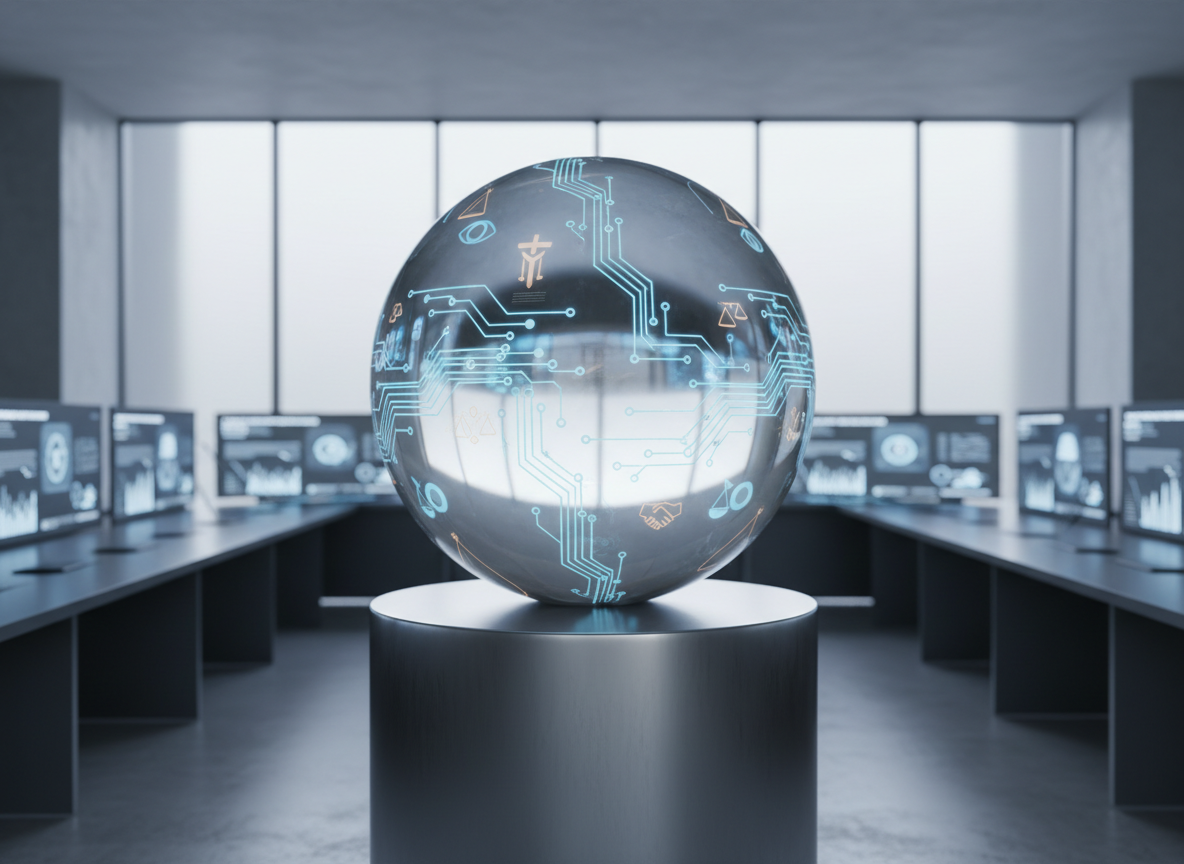 A large, transparent glass sphere etched with intricate circuit-like patterns and faint ethical symbols, resting on a brushed aluminum pedestal in a minimalist conference room. Around it, sleek dark tables and softly glowing screens display muted graphs and policy diagrams, all slightly out of focus. Cool daylight filters through tall frosted windows, creating soft, diffused reflections on the sphere’s surface and gentle shadows across the table. Photographic realism with a clean, modern aesthetic, captured at eye level with a shallow depth of field so the sphere is in crisp focus. The mood is thoughtful and professional, evoking calm, systematic reflection about AI governance and responsible decision-making in a neutral, contemporary space.